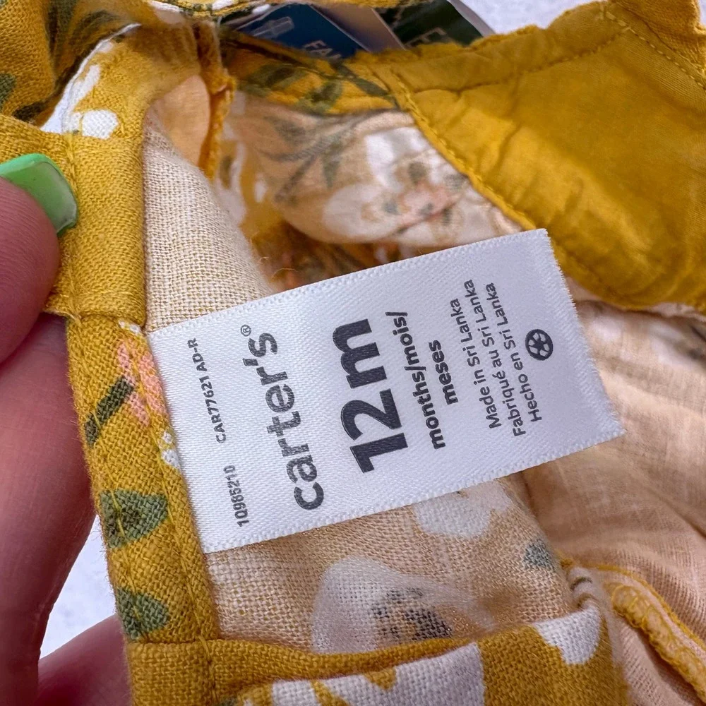 Carter's Yellow Floral Linen Blend Sun Dress Baby Girl 12M Cottagecore Summer